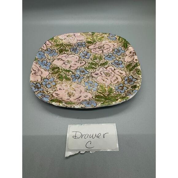 Signed Pottery Bay View 5” Plate Gold Raised Paint with Pink and Blue Flowers - Picture 8 of 9